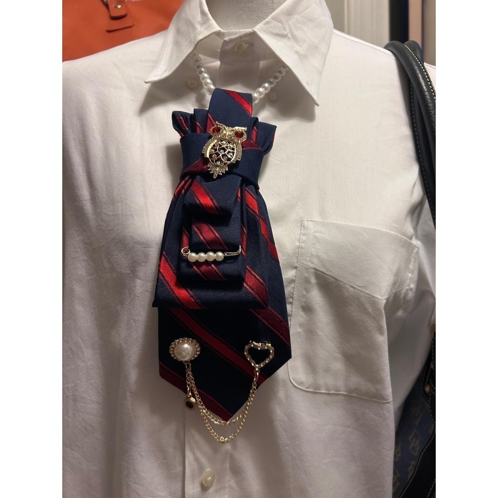 Nautica Repurposed Striped Bow Tie Necklace Owl Pearl Charms Navy Red Preppy
